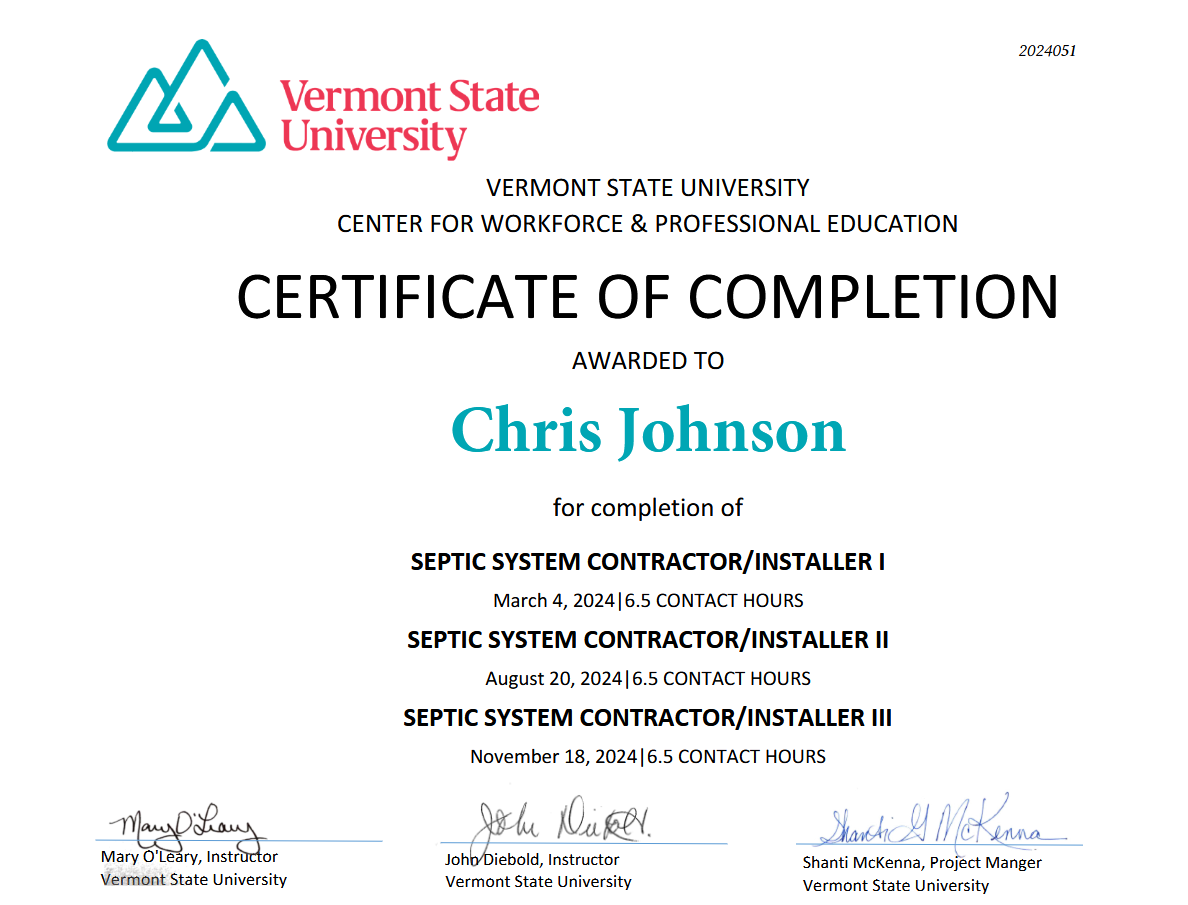 certificate of completion septic Systems Contractor